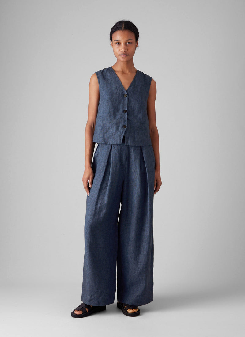 Linen Waistcoat Top | Denim Blue