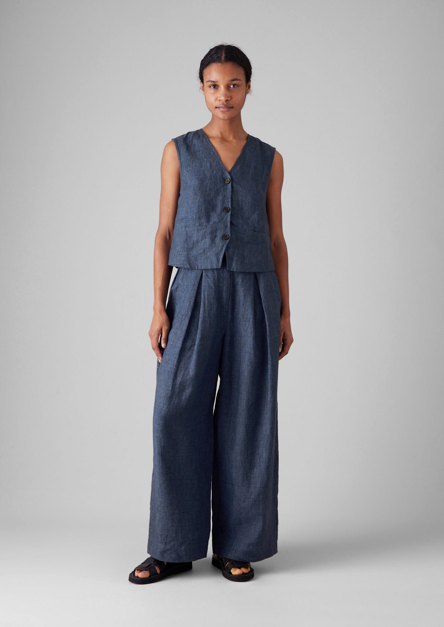 Linen Waistcoat Top | Denim Blue