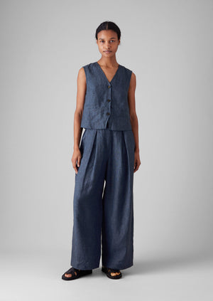 Linen Waistcoat Top | Denim Blue
