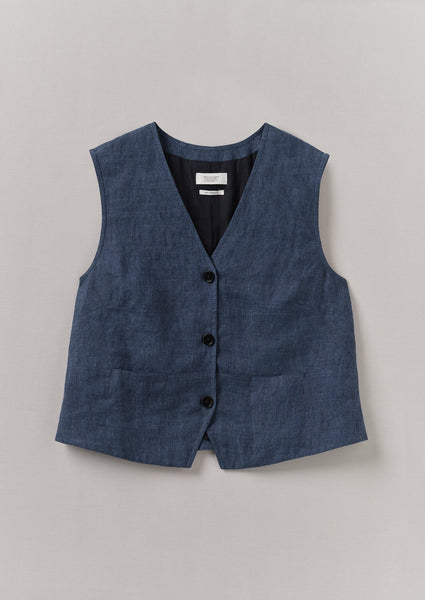 Linen Waistcoat Top Denim Blue
