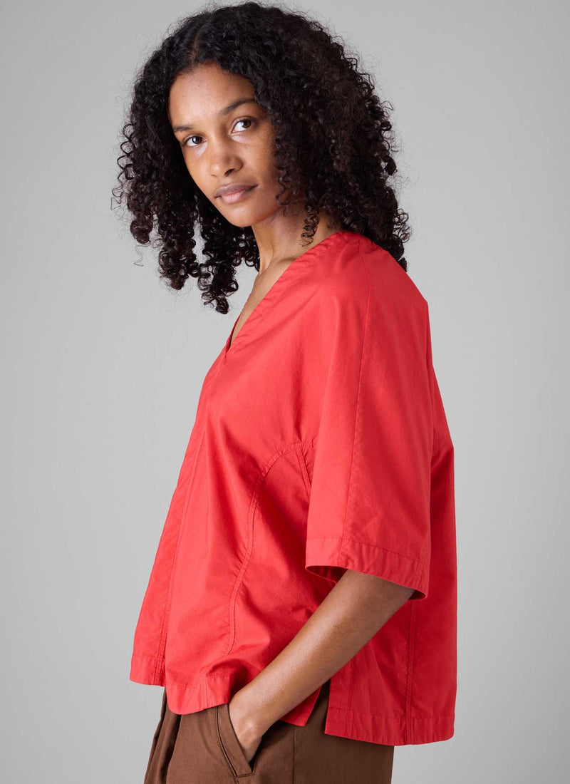 Textured Cotton Poplin V-Neck Top | Bright Red