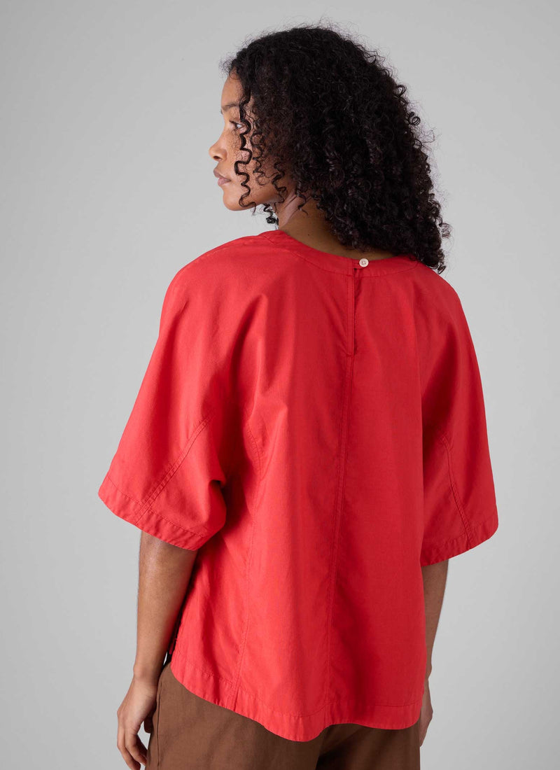 Textured Cotton Poplin V-Neck Top | Bright Red