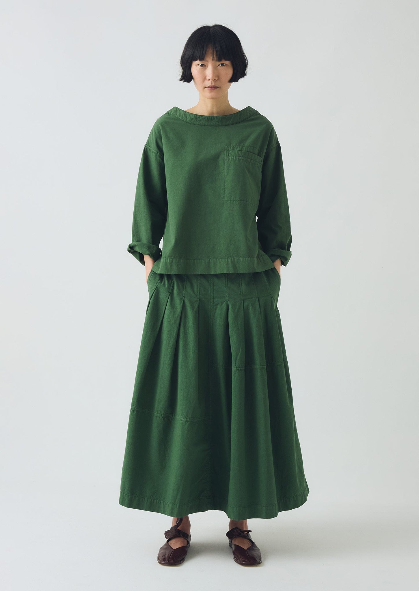 Cotton Linen Poplin Smock Top | Forest Green