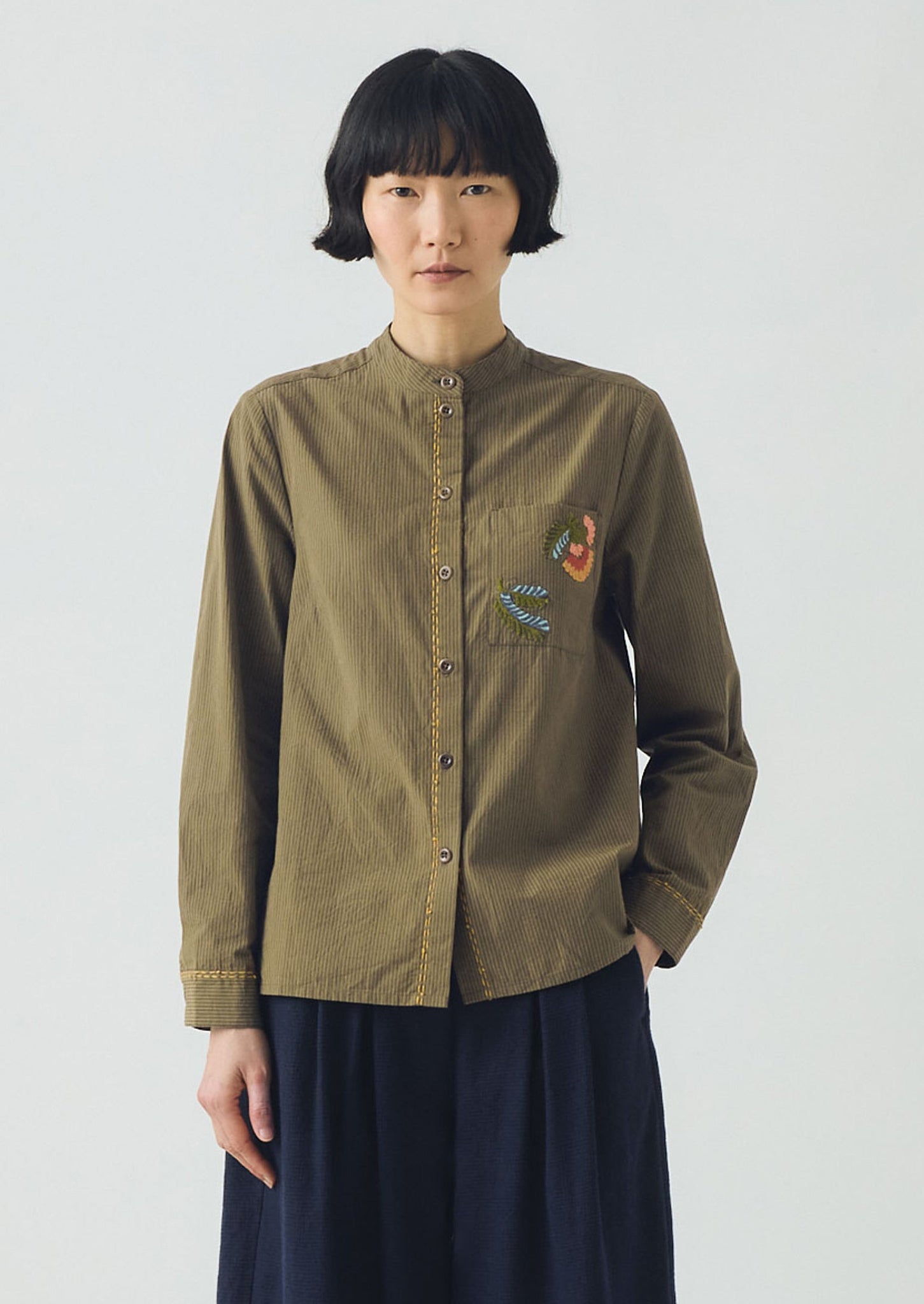 Embroidered Mini Stripe Cotton Shirt | Olive