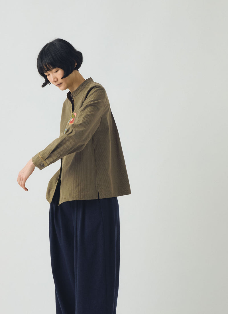 Embroidered Mini Stripe Cotton Shirt | Olive