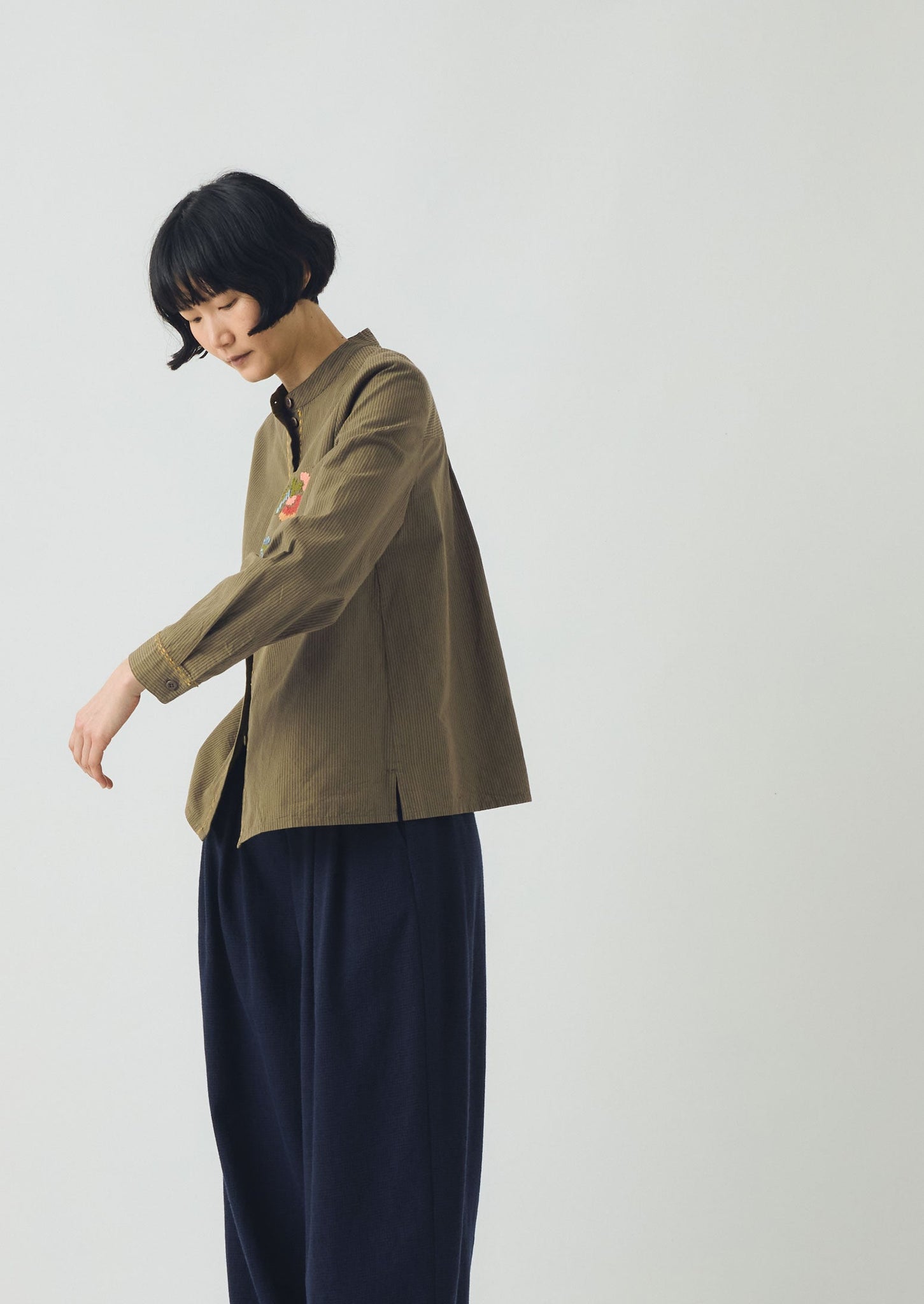 Embroidered Mini Stripe Cotton Shirt | Olive