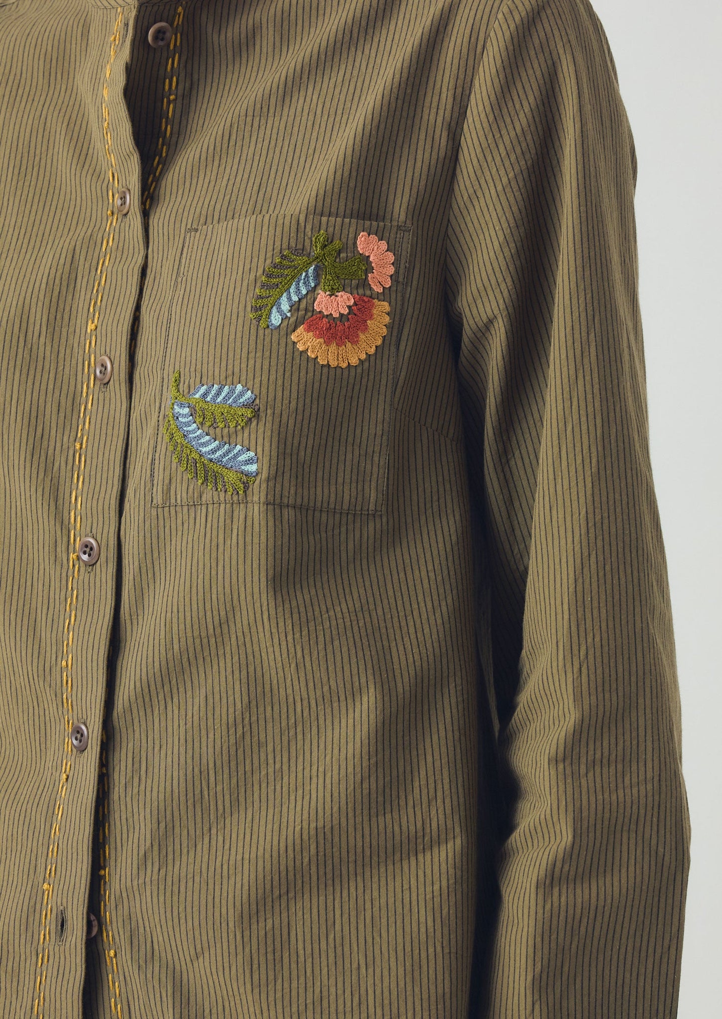 Embroidered Mini Stripe Cotton Shirt | Olive