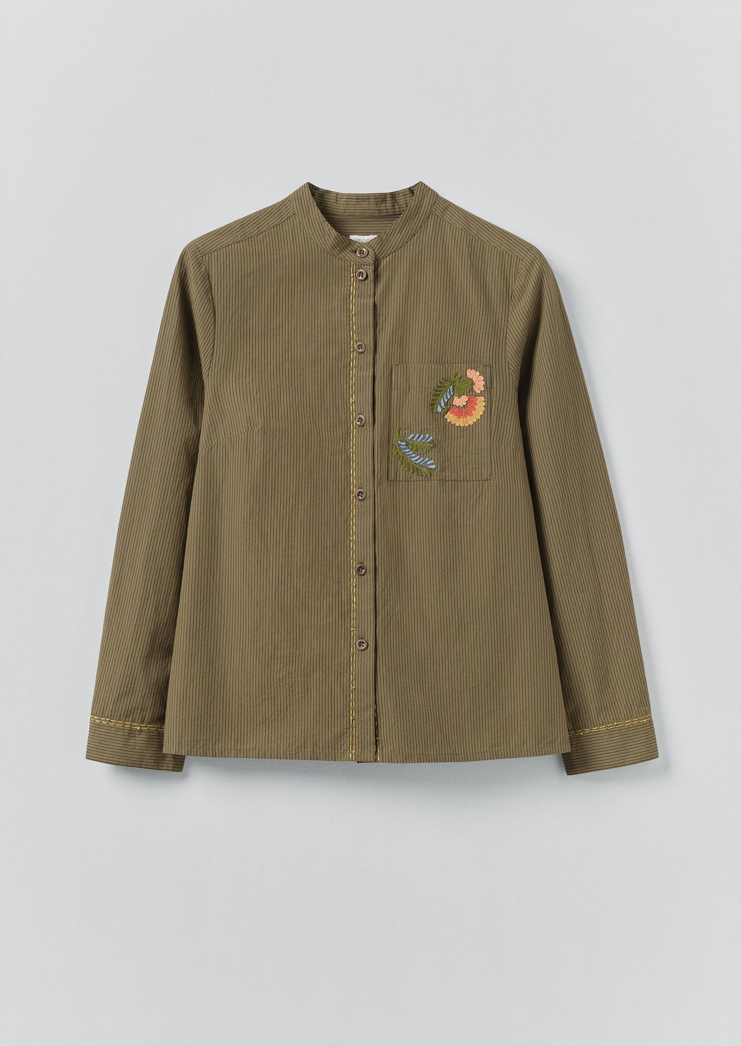 Embroidered Mini Stripe Cotton Shirt | Olive