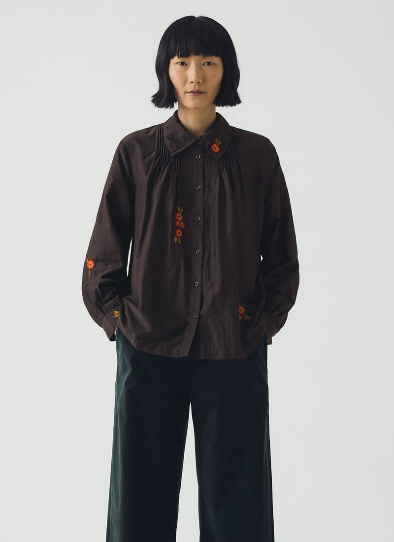 Vespertine Floral Embroidered Cotton Silk Shirt | Black Walnut