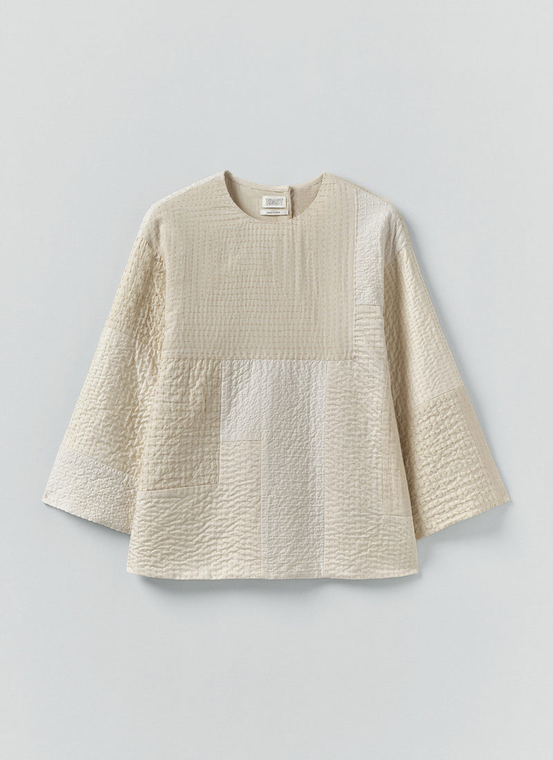 Patchwork Kantha Stitch Cotton Silk Top | White Salt