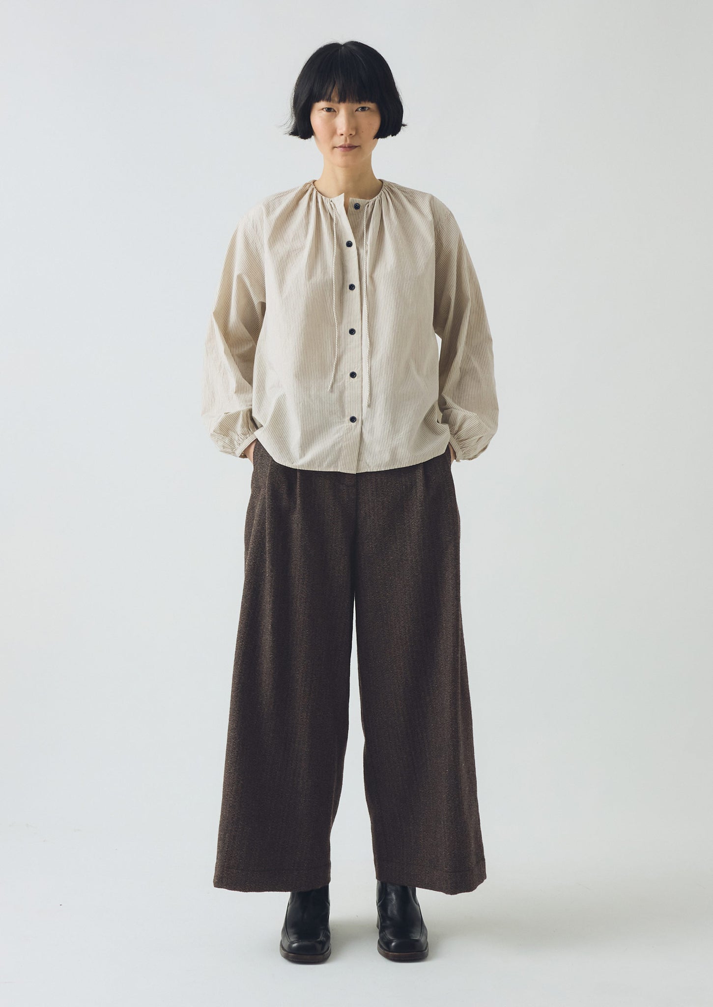 Gathered Neck Mini Stripe Shirt | Sunwashed Blue