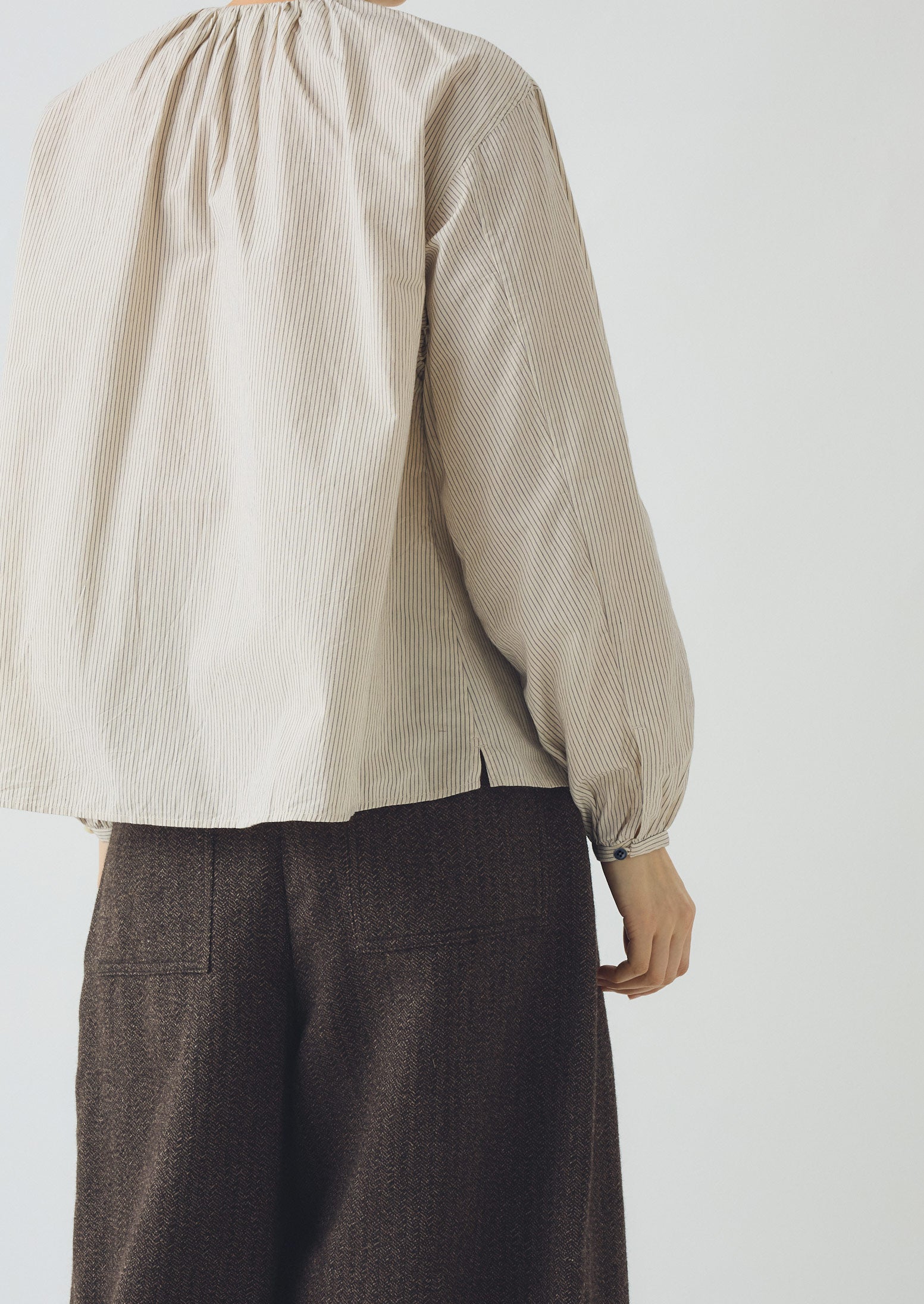 Gathered Neck Mini Stripe Shirt | Sunwashed Blue | TOAST