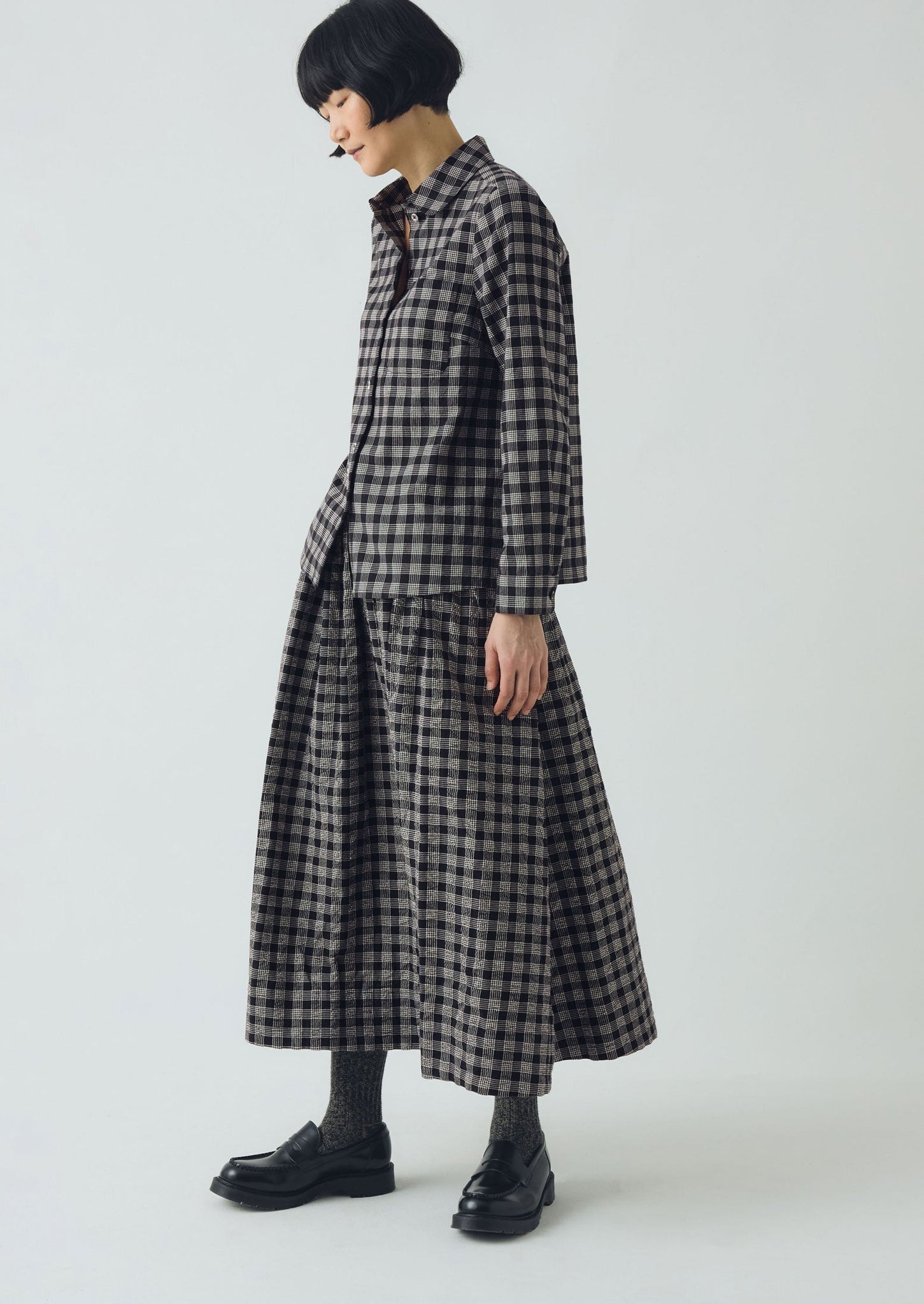 Ollie Binding Check Cotton Wool Seersucker Shirt | Black/Ecru