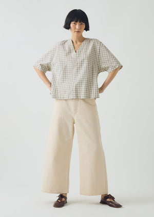 Cotton Window Pane Check V Neck Top | Ecru/Slate