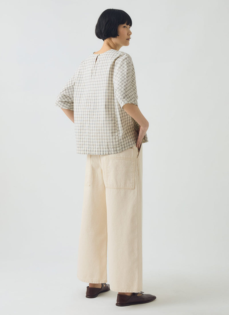 Cotton Window Pane Check V Neck Top | Ecru/Slate