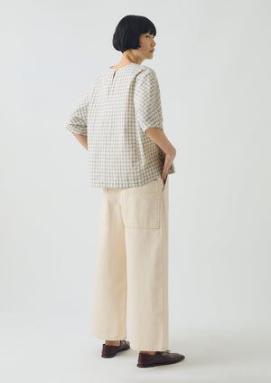Cotton Window Pane Check V Neck Top | Ecru/Slate