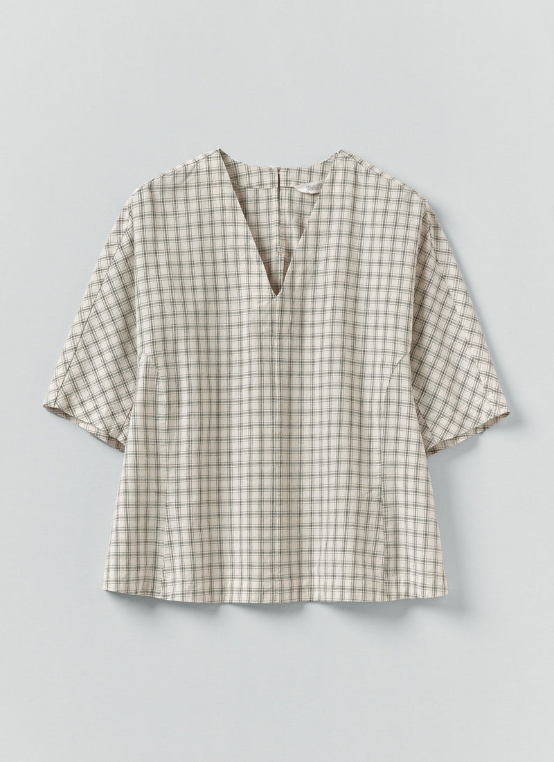 Cotton Window Pane Check V Neck Top | Ecru/Slate