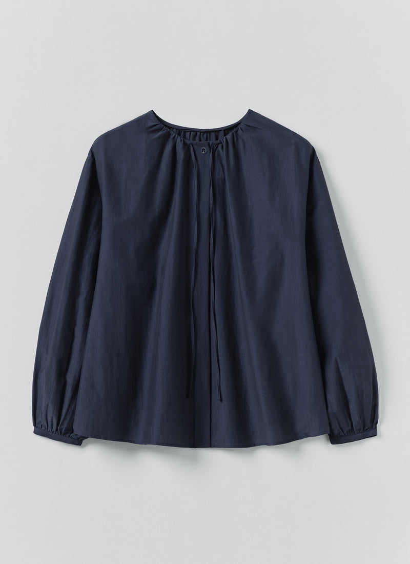 Gathered Neck Cotton Silk Shirt | Navy