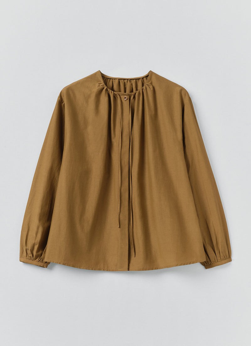 Gathered Neck Cotton Silk Shirt | Old Gold