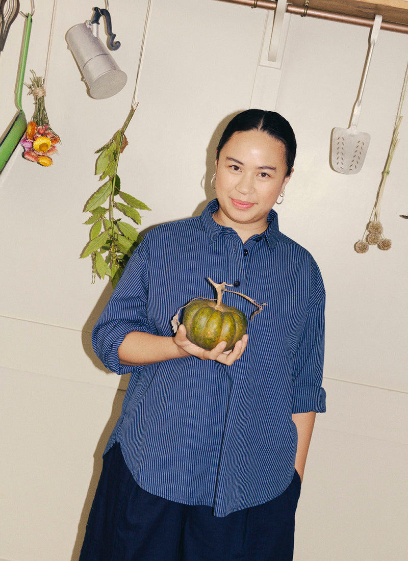 Railroad Stripe Cotton Smock Popover Shirt | Denim Blue