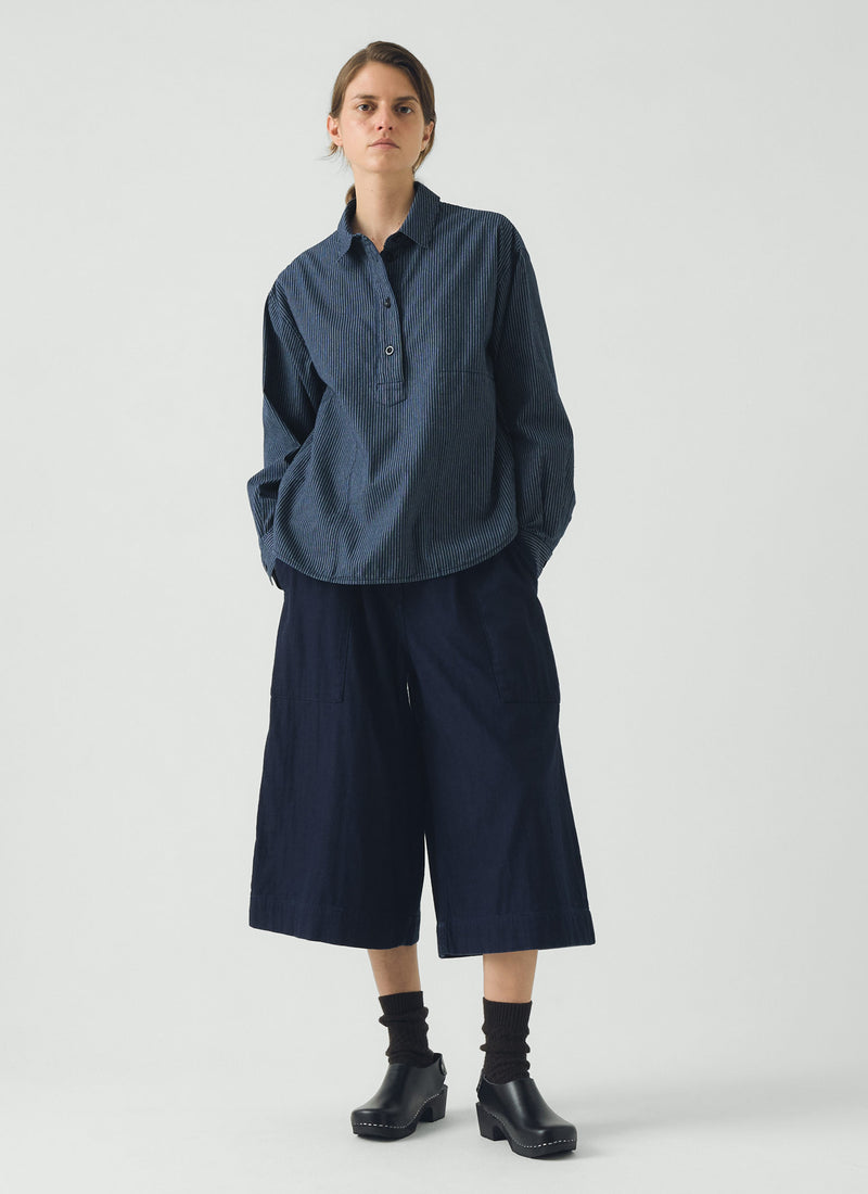 Railroad Stripe Cotton Smock Popover Shirt | Denim Blue
