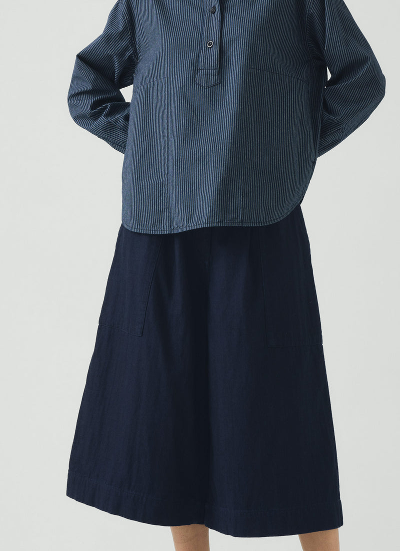 Railroad Stripe Cotton Smock Popover Shirt | Denim Blue