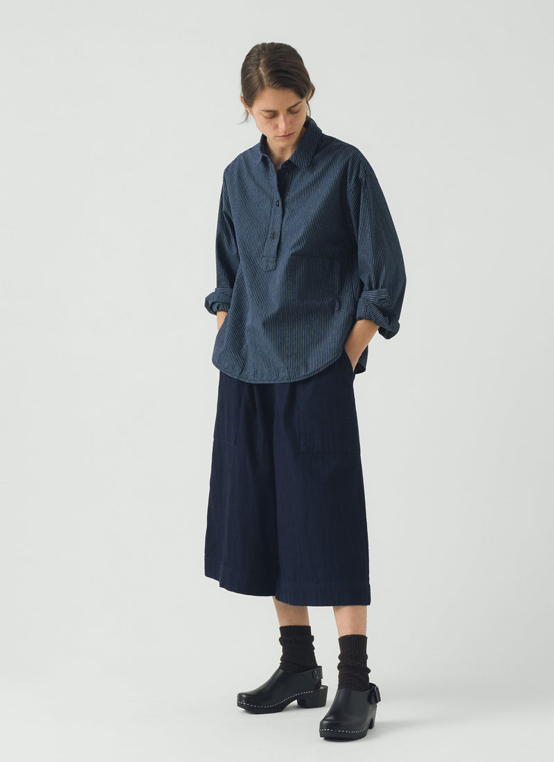 Railroad Stripe Cotton Smock Popover Shirt | Denim Blue