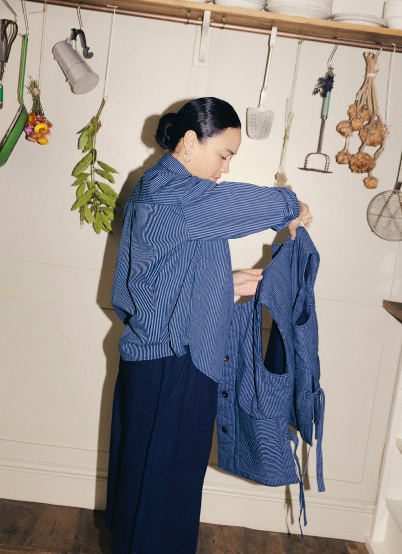 Railroad Stripe Cotton Smock Popover Shirt | Denim Blue
