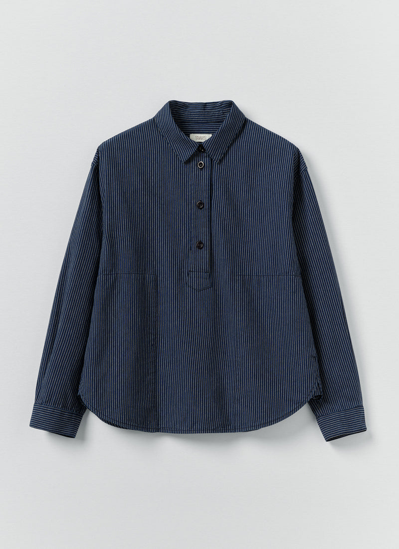 Railroad Stripe Cotton Smock Popover Shirt | Denim Blue