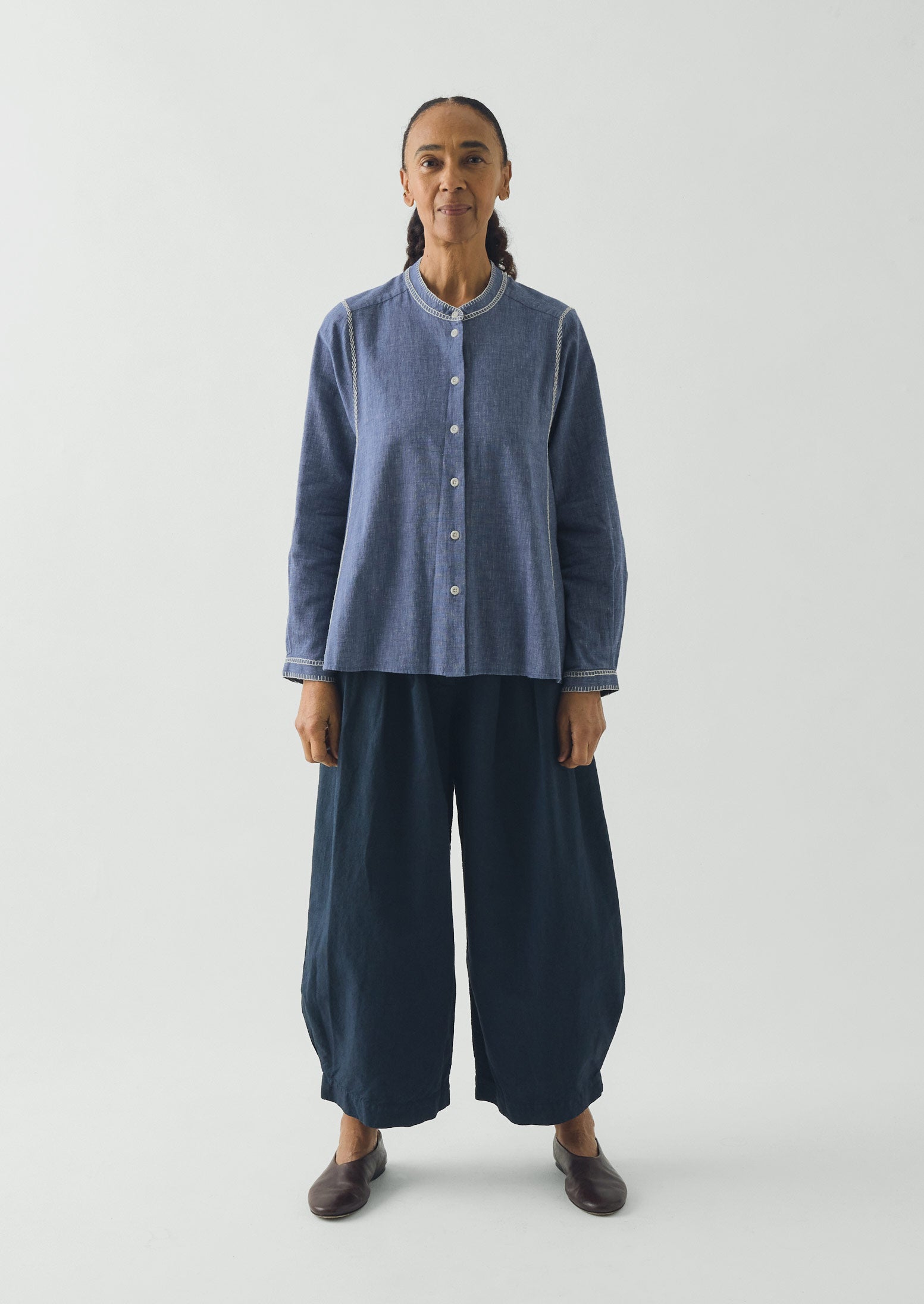 Embroidered Cotton Linen Chambray Shirt | Chambray Blue | TOAST