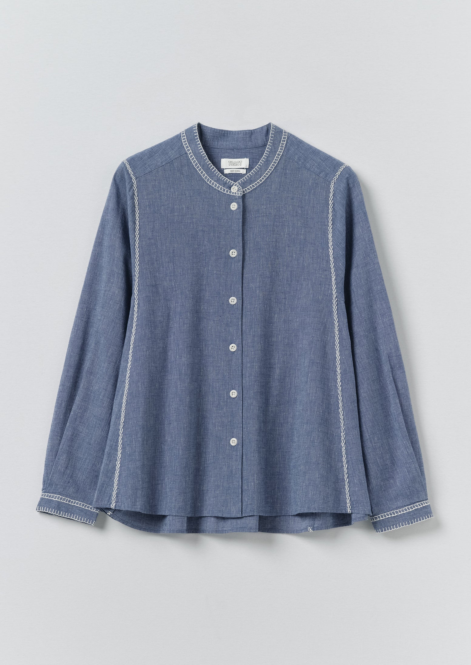 カットソー(半袖+袖なし) BED&B  LINEN CHAMBRAY HALFSLEEVE TOPS Embroidered Cotton Linen Chambray Shirt | Chambray Blue | TOAST