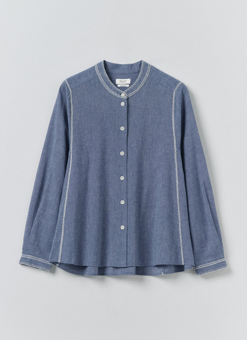 Embroidered Cotton Linen Chambray Shirt | Chambray Blue