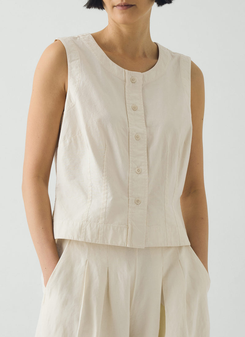Cotton Linen Poplin Sleeveless Top | Ecru