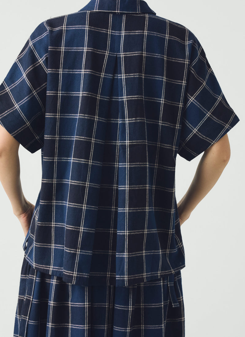 Market Check Cotton Linen Shirt | Denim Blue