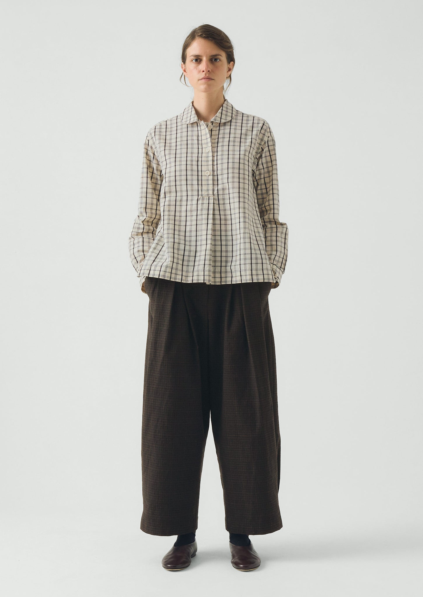 Half Placket Check Cotton Shirt | Ecru/Rich Soil | TOAST