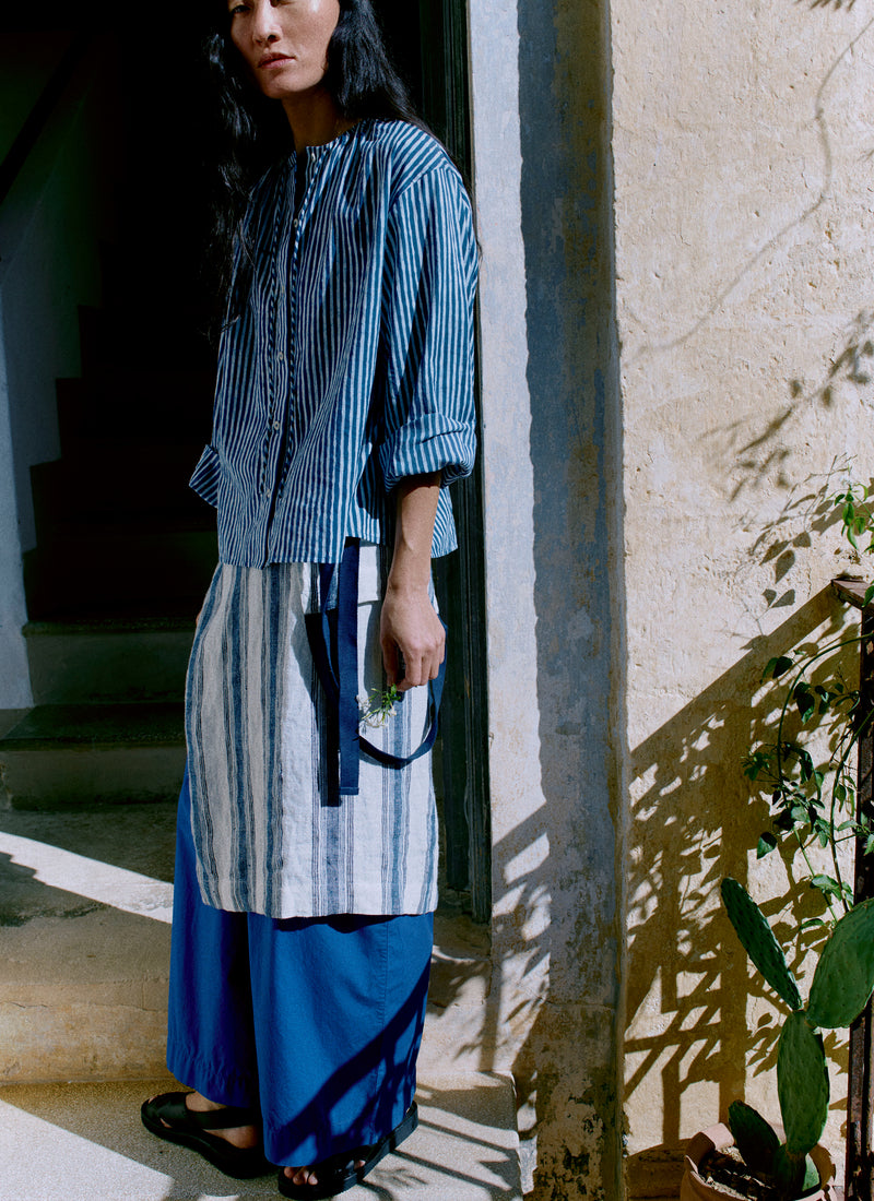Natural Dye Stripe Cotton Gathered Top | Indigo