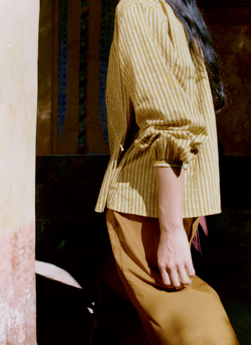 Natural Dye Stripe Cotton Gathered Top | Tumeric