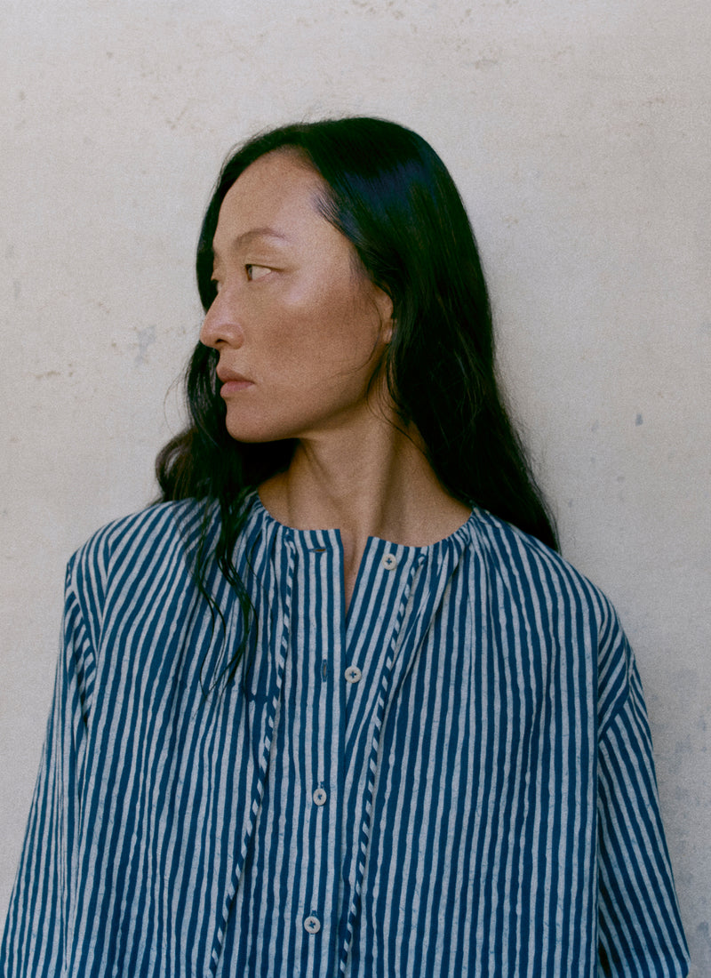 Natural Dye Stripe Cotton Gathered Top | Indigo