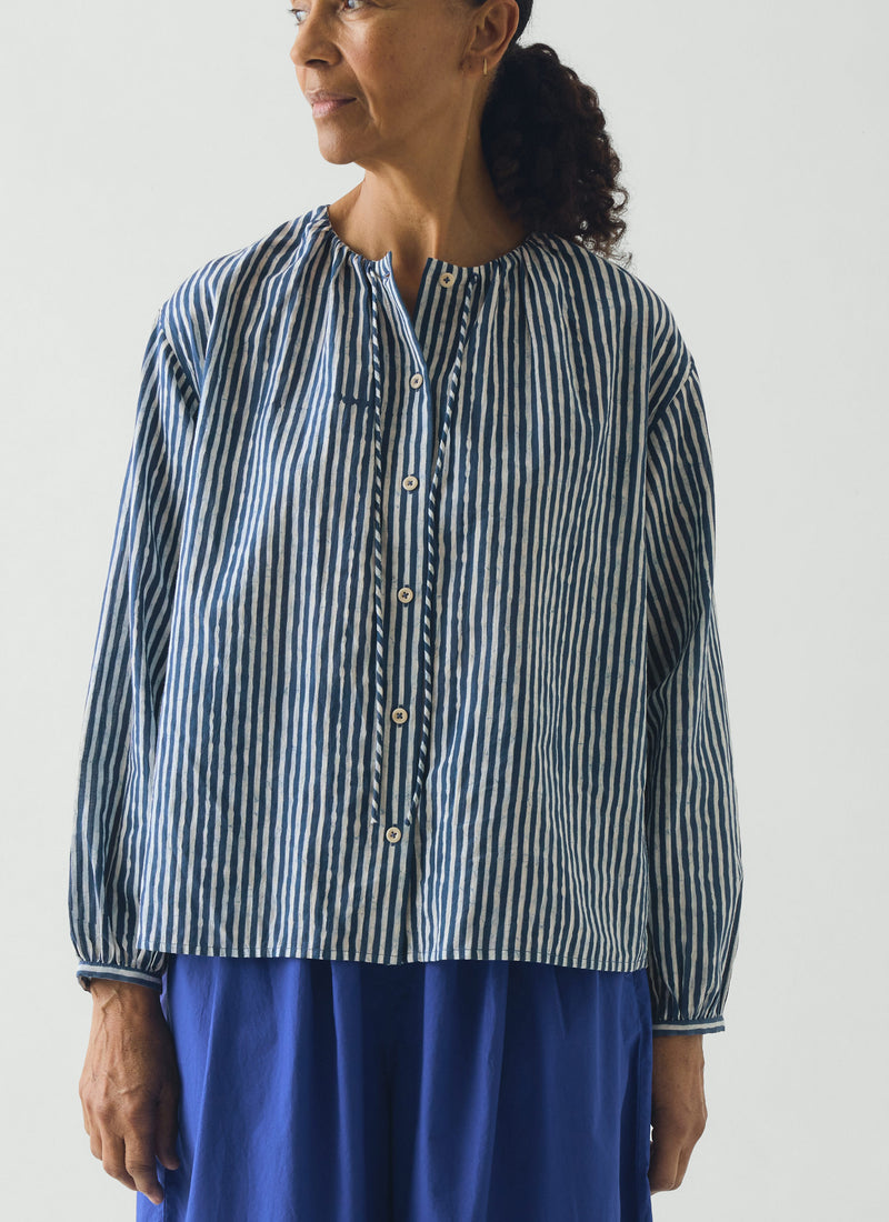 Natural Dye Stripe Cotton Gathered Top | Indigo
