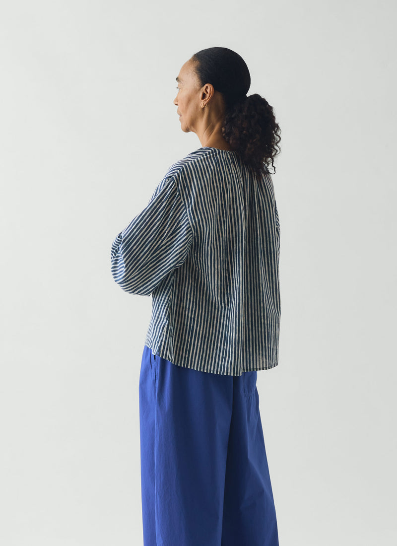 Natural Dye Stripe Cotton Gathered Top | Indigo