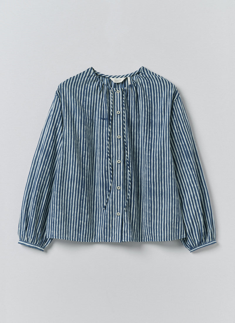 Natural Dye Stripe Cotton Gathered Top | Indigo