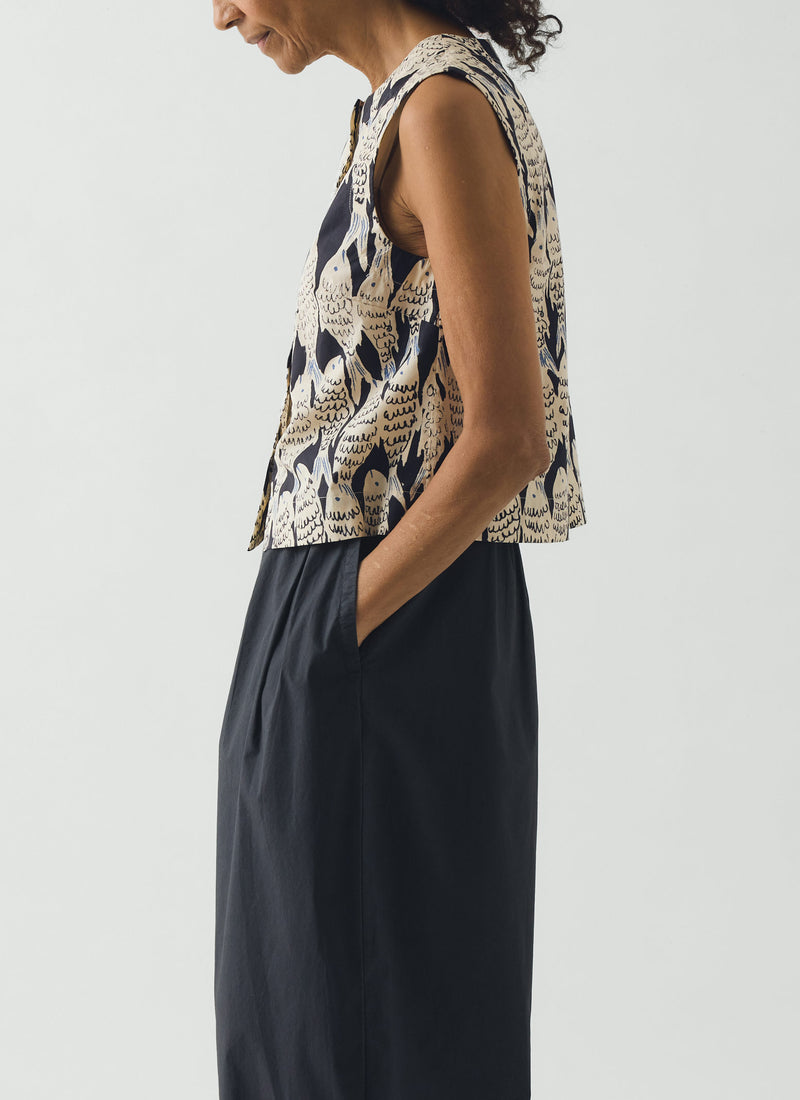 Market Fish Print Cotton Poplin Top | Slate