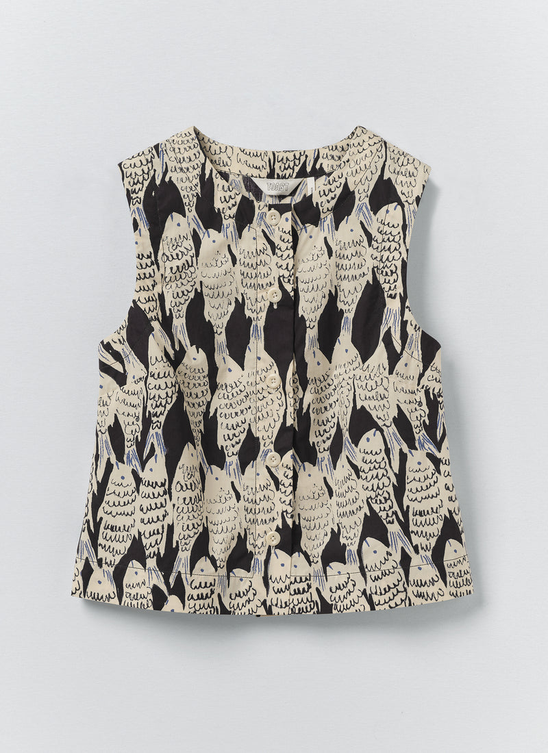 Market Fish Print Cotton Poplin Top | Slate