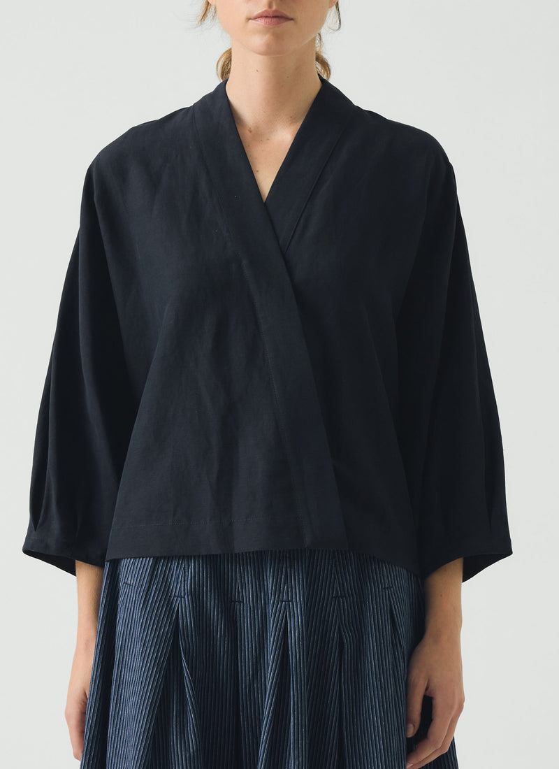 Linen Silk Wrap Shirt | Deep Indigo