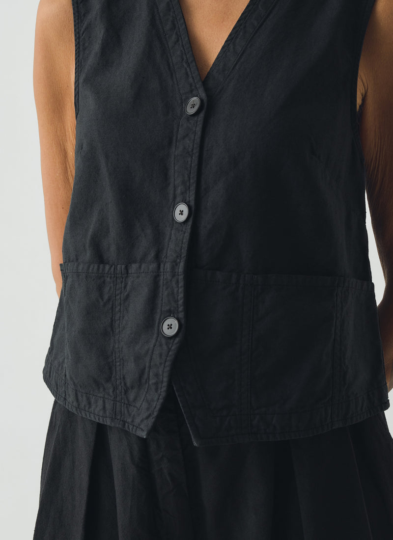 Cotton Linen Canvas Waistcoat Top | Soft Black