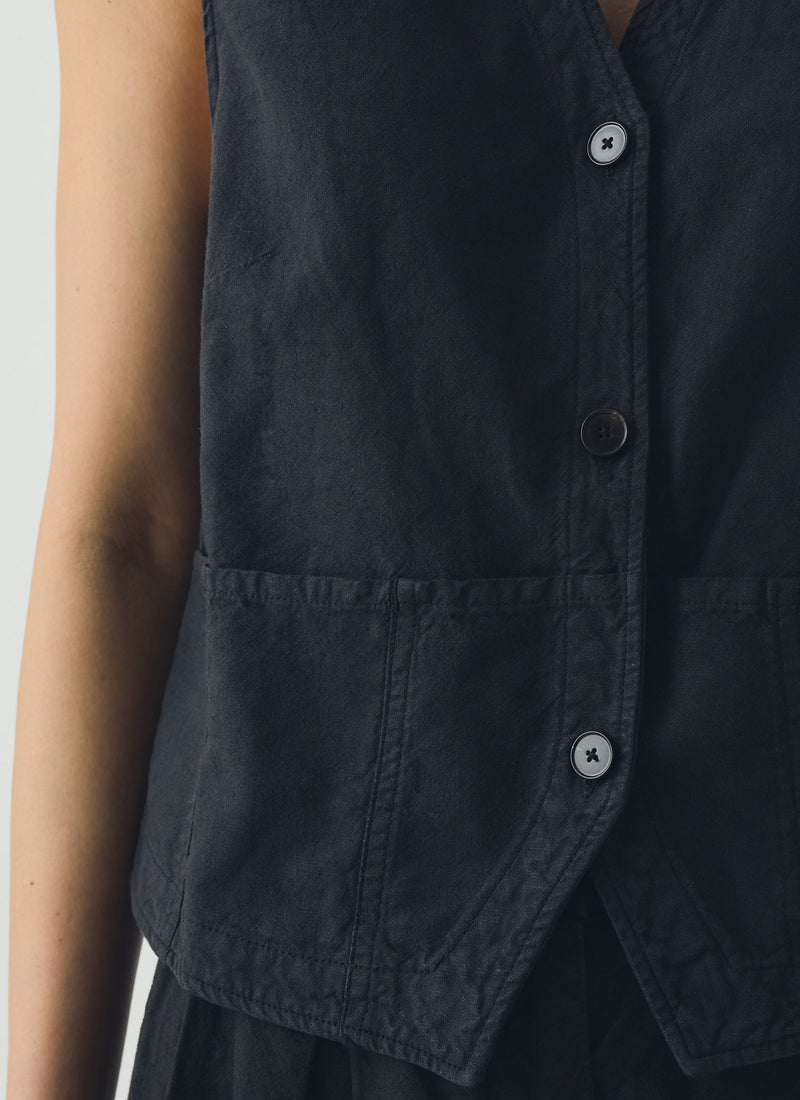 Cotton Linen Canvas Waistcoat Top | Soft Black