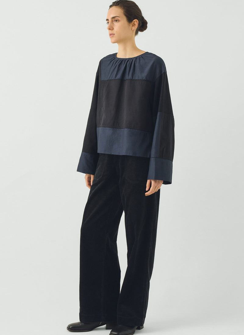 Dusking Embroidered Patchwork Cotton Silk Top | Soft Black Multi