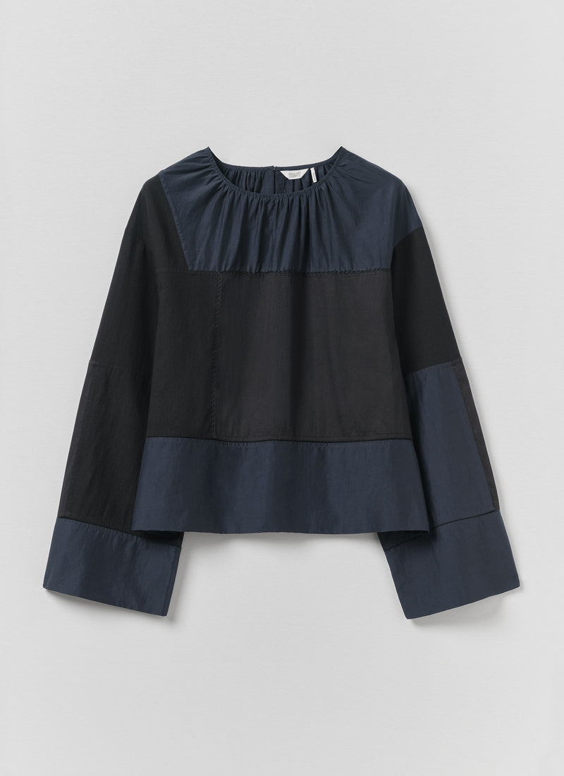 Dusking Embroidered Patchwork Cotton Silk Top | Soft Black Multi