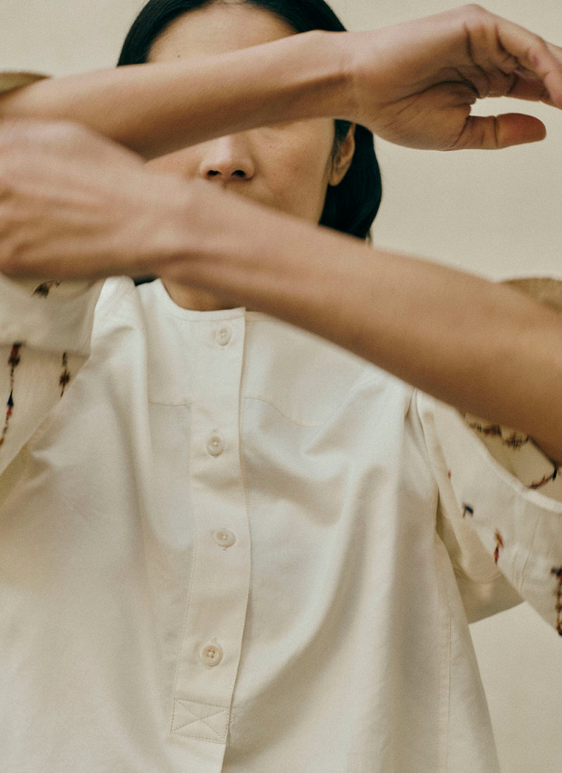 Embroidered Sleeve Cotton Satin Top | Natural