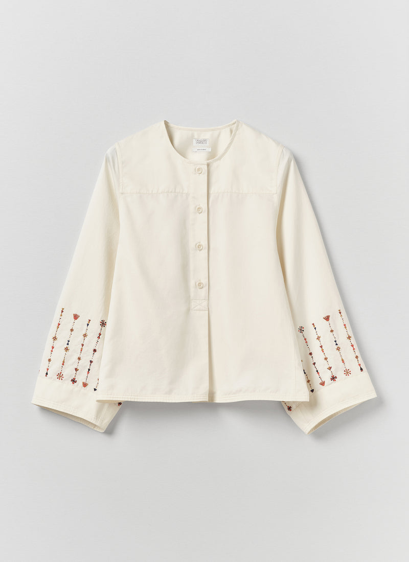 Embroidered Sleeve Cotton Satin Top | Natural